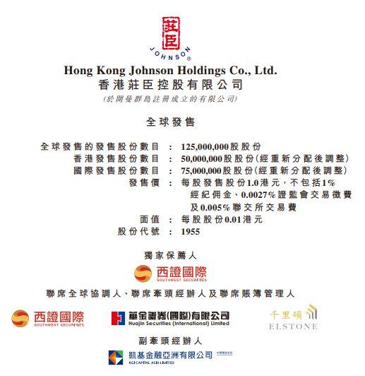 庄臣控股(01955)，珠海市国企控股、香港本土最大的环境卫生服务供应商，10月15日在香港成功挂牌上市，募资1.25亿港元