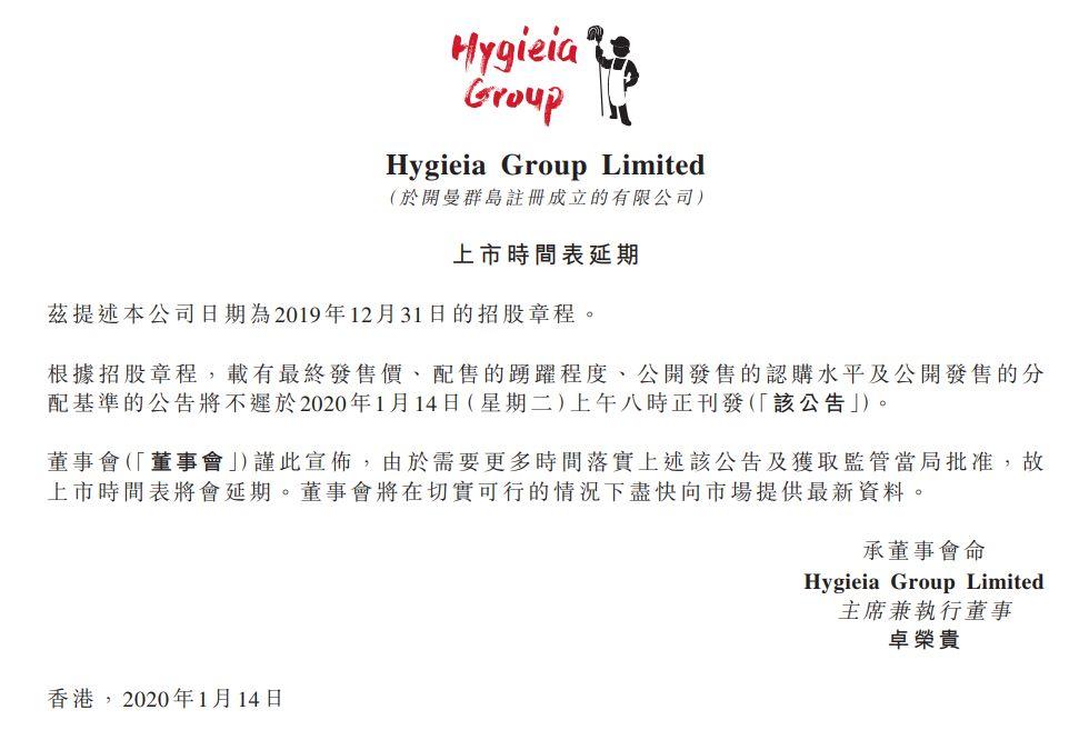 上市前夕临时叫停，2020年香港第一家，原定明天上市的Hygieia延期