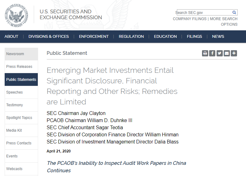 美国SEC、PCAOB联合声明：警示投资风险，审慎投资中概股