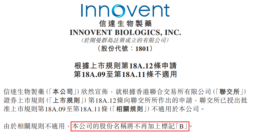 信达生物-B (01801.HK)申请去「B」，继百济神州之后的第二家去「B」的生物科技公司