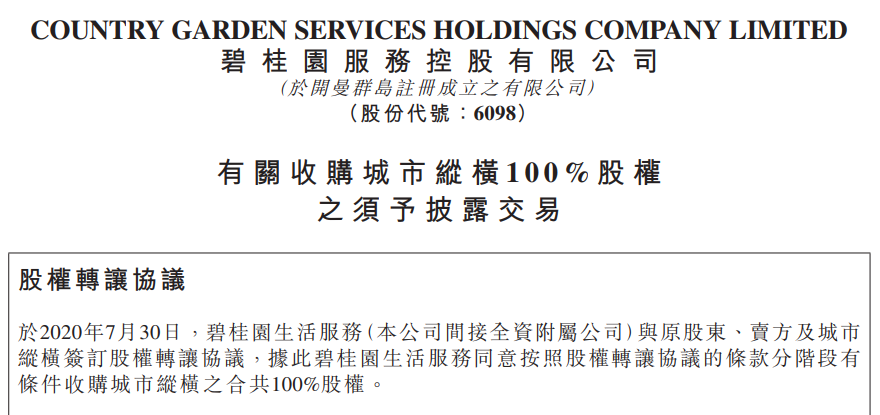碧桂園服務：擬斥最多15億人幣，收購廣告服務商城市縱橫